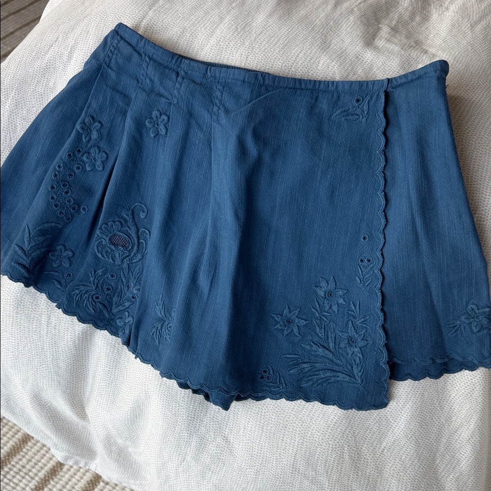 Anthropologie Blue Embroidered Mini Skirt